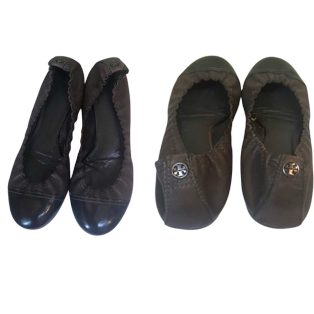 Tory Burch Leather Ballet Flats Shoes Cap Toe Logo Stretch Brown 7.5 Loafer Slip